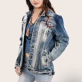 ADJKT018 Genuine leather Hand tooled hand carved Women 100% cotton Denim jacket dress ladies girl
