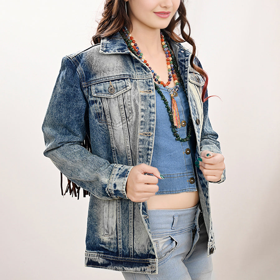 American Darling Genuine leather Hand tooled carved Women 100% cotton Denim jacket dress ladies girl | Shirt for