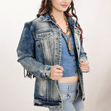 ADJKT018 Genuine leather Hand tooled hand carved Women 100% cotton Denim jacket dress ladies girl