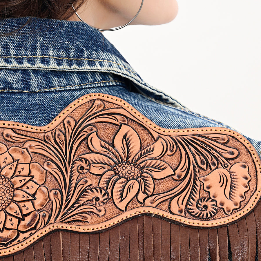 American Darling Genuine leather Hand tooled carved Women 100% cotton Denim jacket dress ladies girl | Shirt for