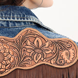 ADJKT018 Genuine leather Hand tooled hand carved Women 100% cotton Denim jacket dress ladies girl