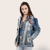 ADJKT018 Genuine leather Hand tooled hand carved Women 100% cotton Denim jacket  dress ladies girl