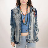 ADJKT018 Genuine leather Hand tooled hand carved Women 100% cotton Denim jacket dress ladies girl
