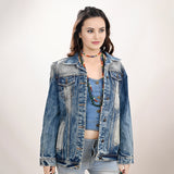 ADJKT019 Genuine leather Hand tooled hand carved Women 100% cotton Denim jacket  dress ladies girl