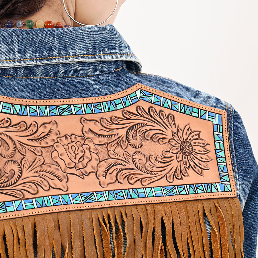 American Darling Genuine leather Hand tooled carved Women 100% cotton Denim jacket dress ladies girl | Shirt for