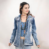 ADJKT022 Genuine leather Hand tooled hand carved Women 100% cotton Denim jacket  dress ladies girl