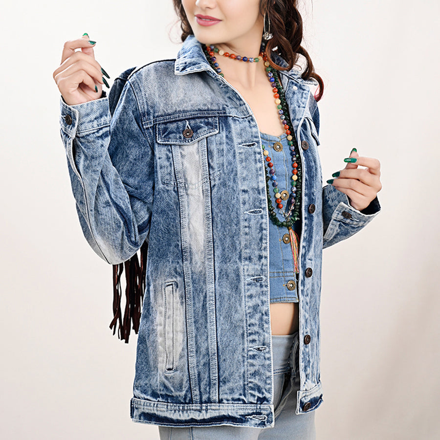 American Darling Genuine leather Hand tooled carved Women 100% cotton Denim jacket dress ladies girl | Shirt for