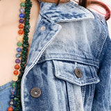 ADJKT022 Genuine leather Hand tooled hand carved Women 100% cotton Denim jacket dress ladies girl