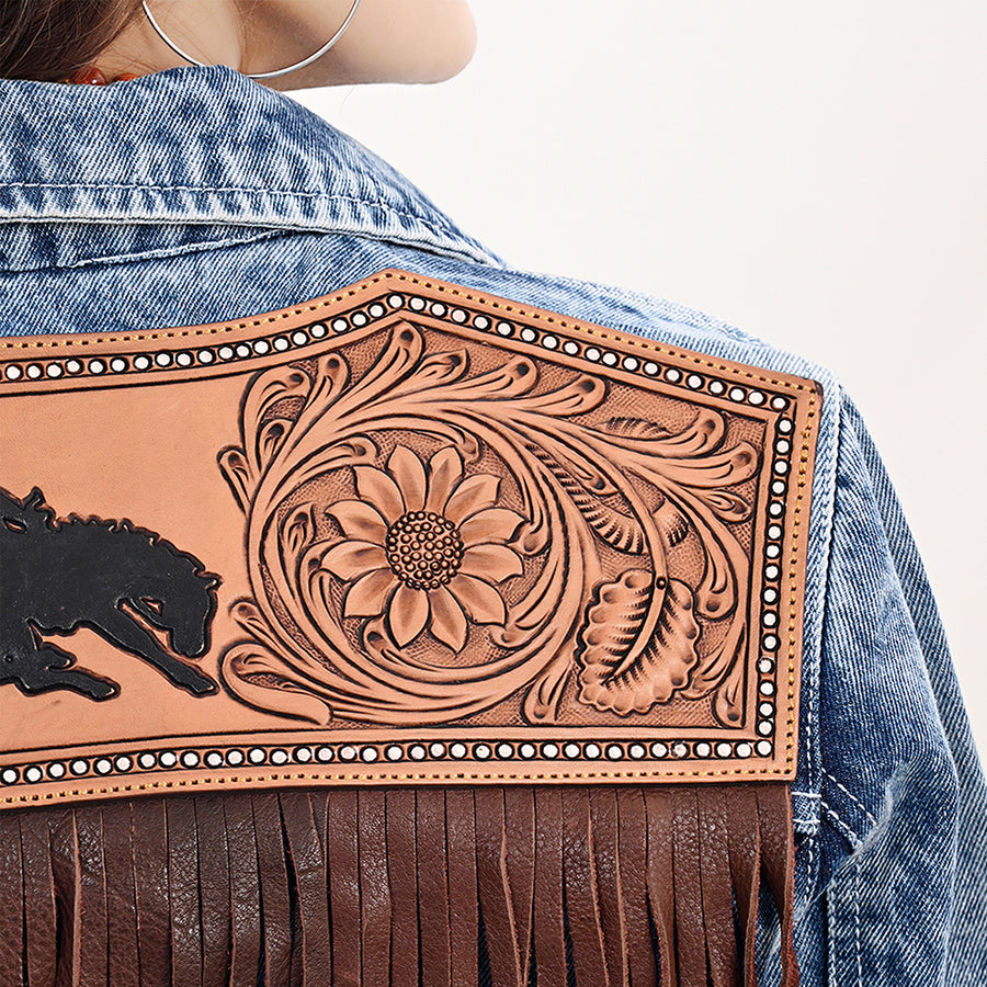 American Darling Genuine leather Hand tooled carved Women 100% cotton Denim jacket dress ladies girl | Shirt for