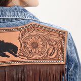 ADJKT022 Genuine leather Hand tooled hand carved Women 100% cotton Denim jacket dress ladies girl