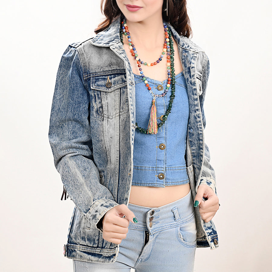 American Darling Genuine leather Hand tooled carved Women 100% cotton Denim jacket dress ladies girl | Shirt for