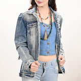 ADJKT023 Genuine leather Hand tooled hand carved Women 100% cotton Denim jacket dress ladies girl