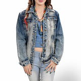 ADJKT027 Genuine leather Hand tooled hand carved Women 100% cotton Denim jacket dress ladies girl