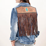 American Darling Genuine leather Hand tooled carved Women 100% cotton Denim jacket dress ladies girl | Shirt for - Large