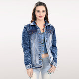 ADJKT028 Genuine leather Hand tooled hand carved Women 100% cotton Denim jacket  dress ladies girl