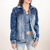 ADJKT028 Genuine leather Hand tooled hand carved Women 100% cotton Denim jacket dress ladies girl