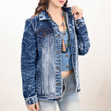 ADJKT028 Genuine leather Hand tooled hand carved Women 100% cotton Denim jacket dress ladies girl
