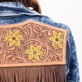 ADJKT028 Genuine leather Hand tooled hand carved Women 100% cotton Denim jacket dress ladies girl
