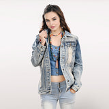 ADJKT031 Genuine leather Hand tooled hand carved Women 100% cotton Denim jacket  dress ladies girl