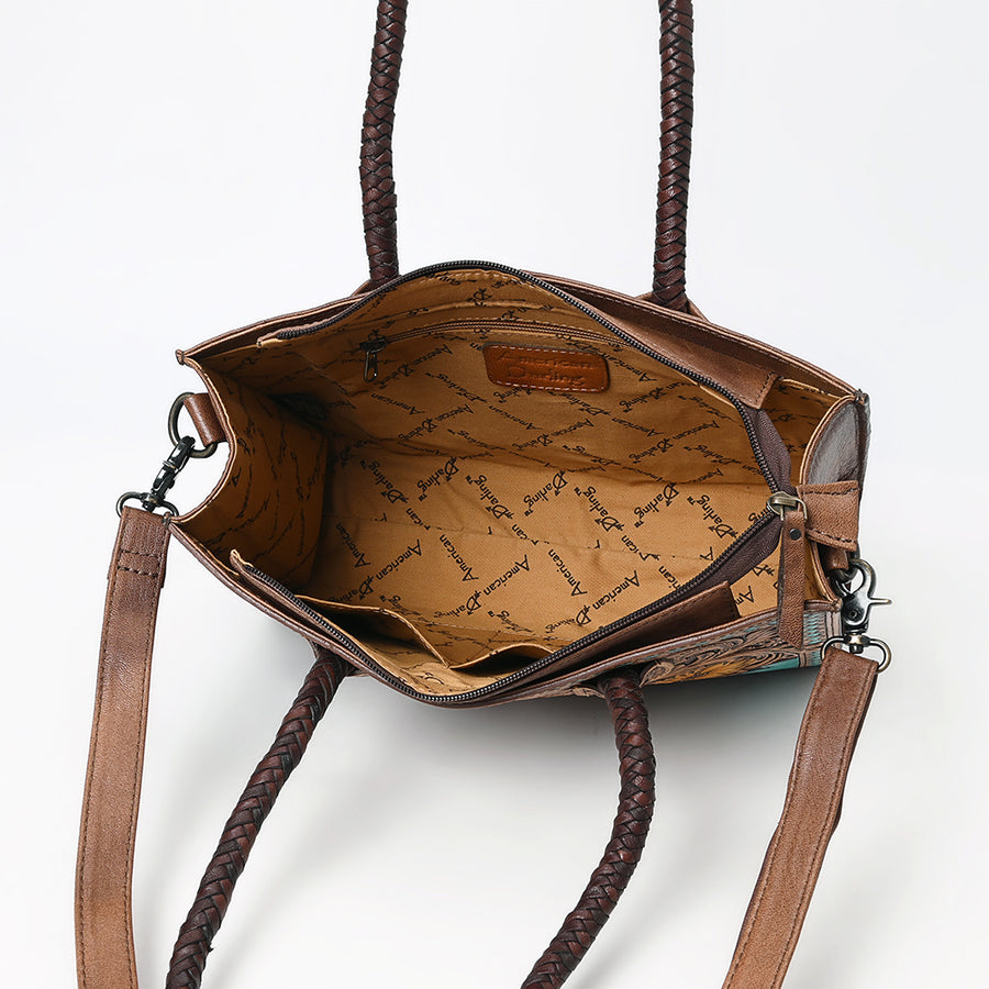 American Darling Western Tote Handcrafted from Genuine Leather | Tooled Sunflower & Turquoise Accents Crossbody Bag for Women