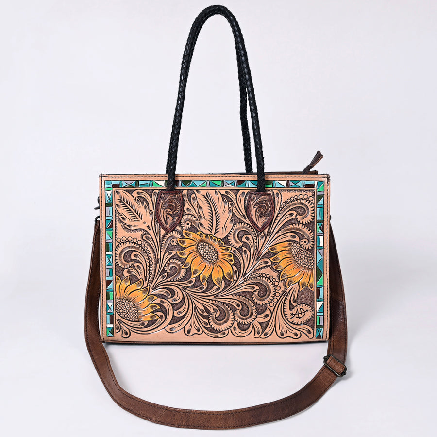 American Darling Western Tote Handcrafted from Genuine Leather | Tooled Sunflower & Turquoise Accents Crossbody Bag for Women