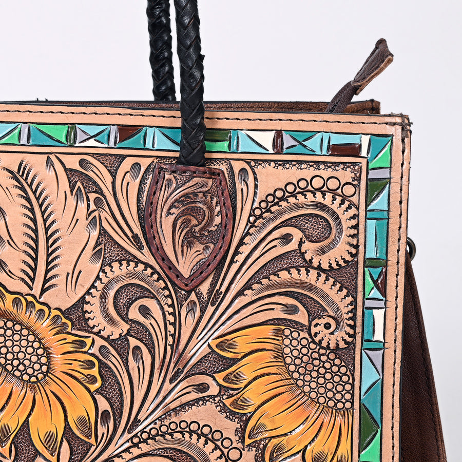 American Darling Western Tote Handcrafted from Genuine Leather | Tooled Sunflower & Turquoise Accents Crossbody Bag for Women