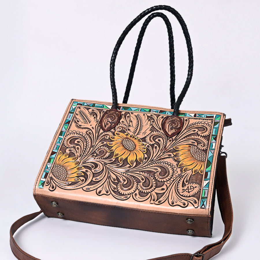 American Darling Western Tote Handcrafted from Genuine Leather | Tooled Sunflower & Turquoise Accents Crossbody Bag for Women
