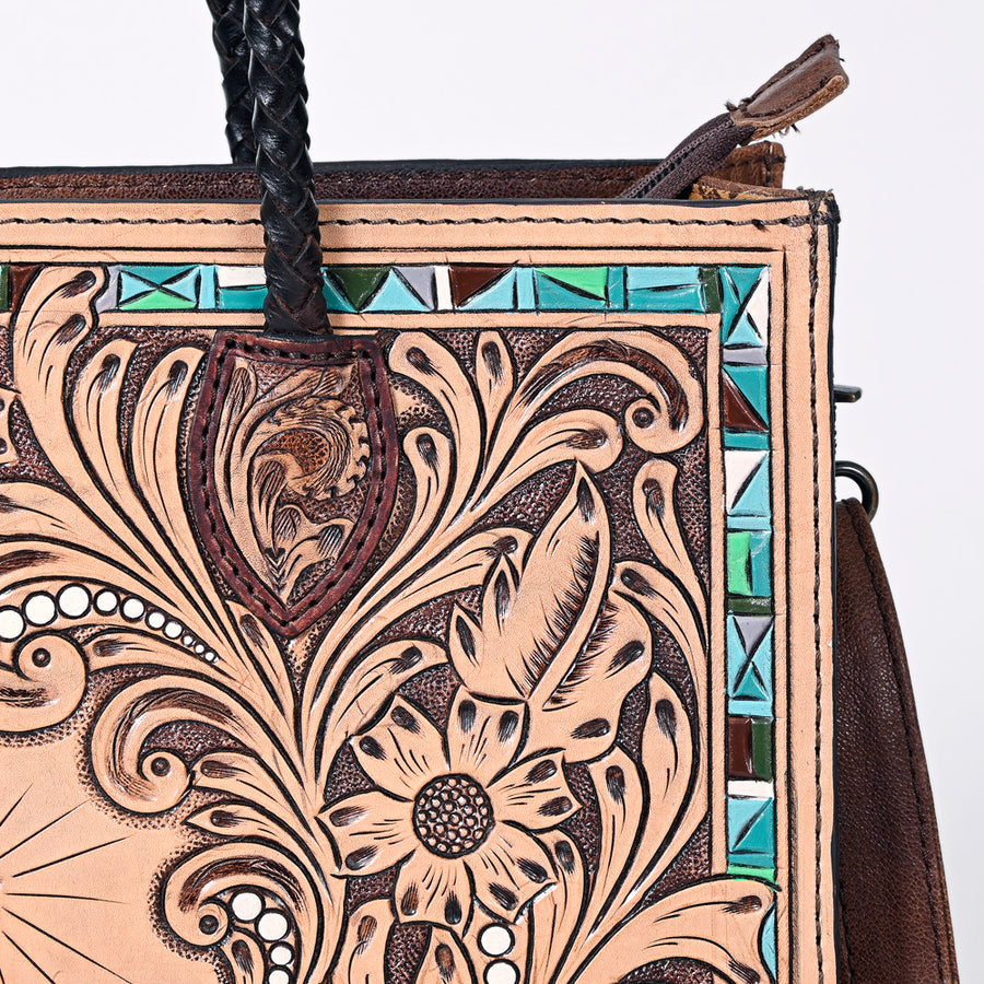American Darling Western Tote Handcrafted from Genuine Leather | Tooled Sunflower & Turquoise Accents Crossbody Bag for Women