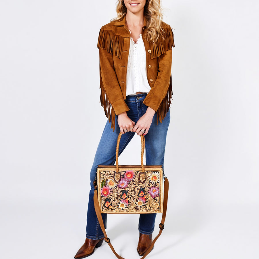 American Darling Western Tote Handcrafted from Genuine Leather | Tooled Sunflower & Turquoise Accents Crossbody Bag for Women
