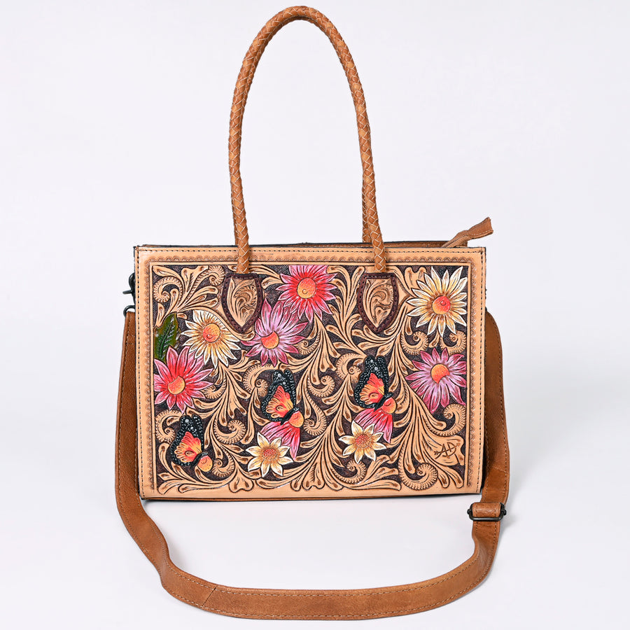 American Darling Western Tote Handcrafted from Genuine Leather | Tooled Sunflower & Turquoise Accents Crossbody Bag for Women