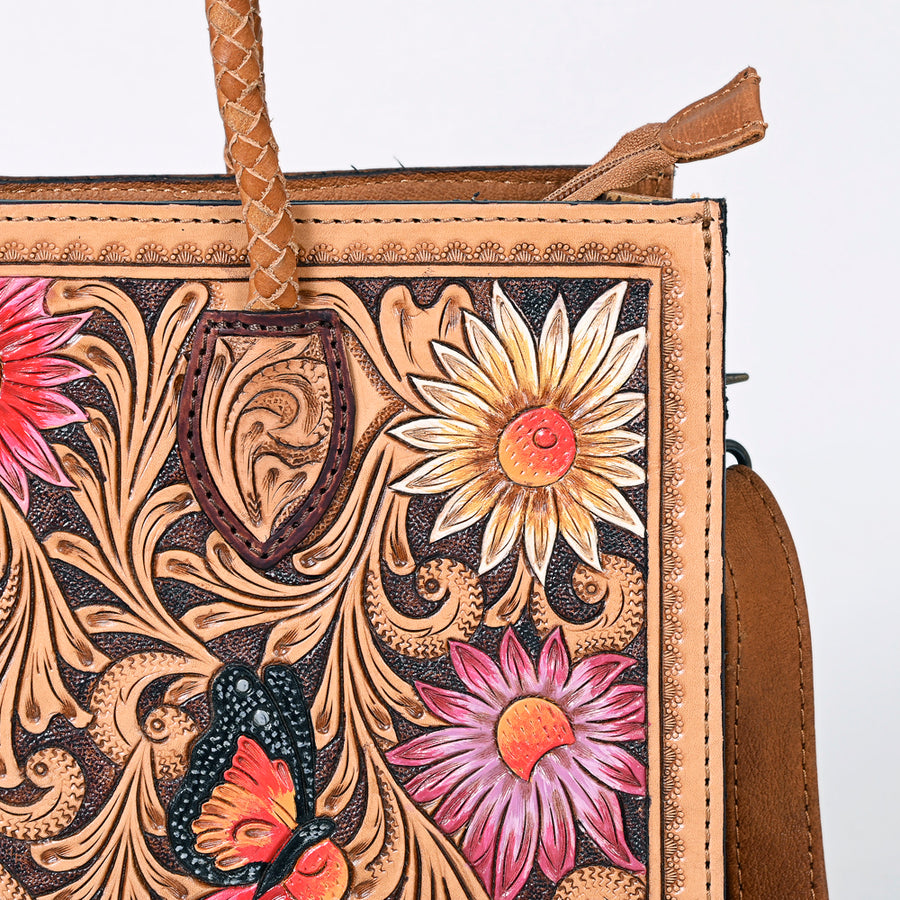 American Darling Western Tote Handcrafted from Genuine Leather | Tooled Sunflower & Turquoise Accents Crossbody Bag for Women