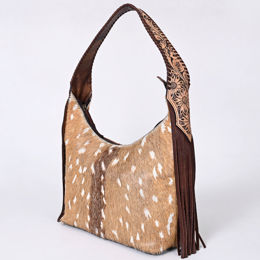 American Darling Hobo Bag for Women, Hand Tooled Floral Leather & Hair-On Cowhide Western Purse with Fringes & YKK Zipper
