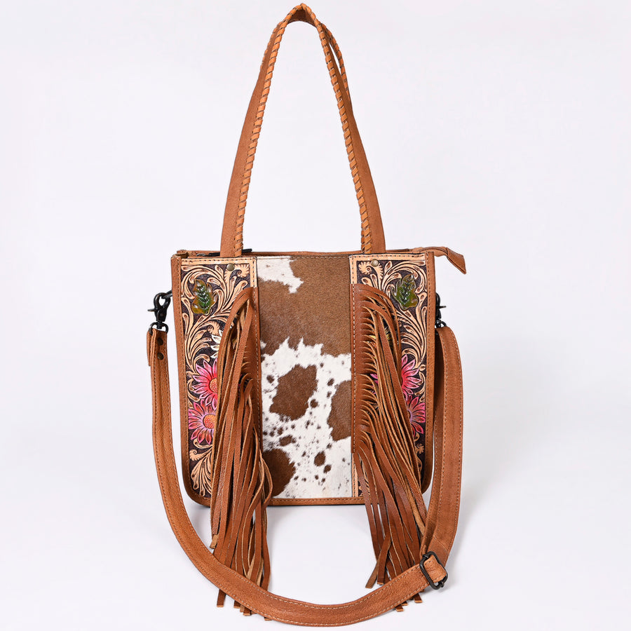 American Darling Western Tote Bag – Genuine Hair-on Cowhide and Leather, Hand-Tooled Floral Design with Long Fringes and Dual Carry Straps