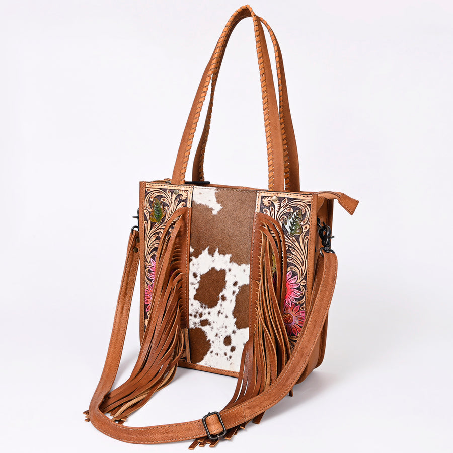American Darling Hair-on Cowhide Tote Bag with Hand-Tooled Leather and Fringes - Uhorse