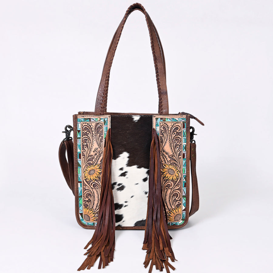 American Darling Western Tote Bag – Genuine Hair-on Cowhide and Leather, Hand-Tooled Floral Design with Long Fringes and Dual Carry Straps