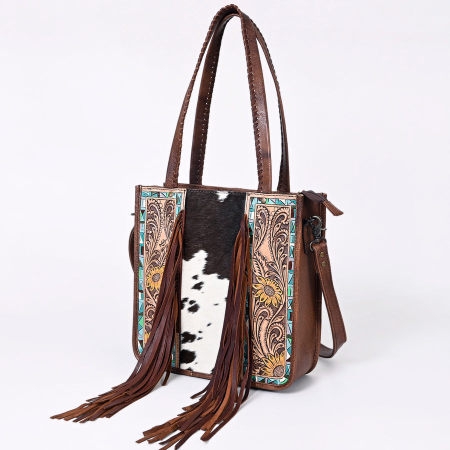 American Darling Hair-on Cowhide Tote Bag with Hand-Tooled Leather and Fringes - Uhorse