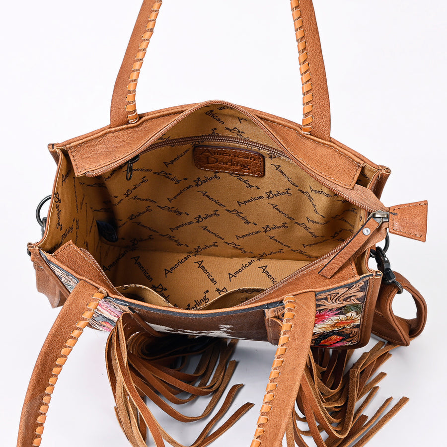 American Darling Western Tote Bag – Genuine Hair-on Cowhide and Leather, Hand-Tooled Floral Design with Long Fringes and Dual Carry Straps