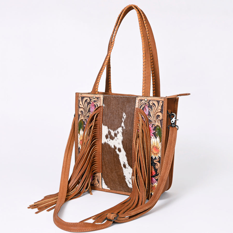American Darling Hair-on Cowhide Tote Bag with Hand-Tooled Leather and Fringes - Uhorse