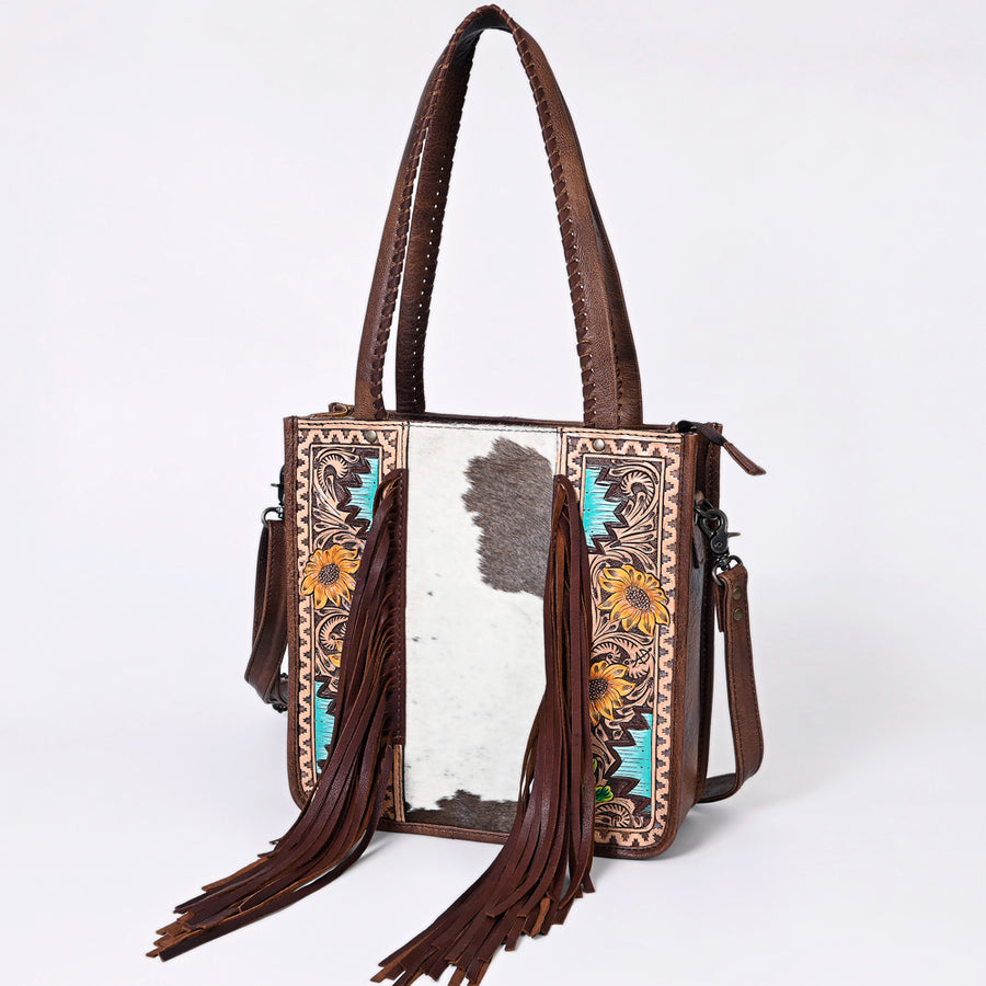 American Darling Hair-on Cowhide Tote Bag with Hand-Tooled Leather and Fringes - Uhorse