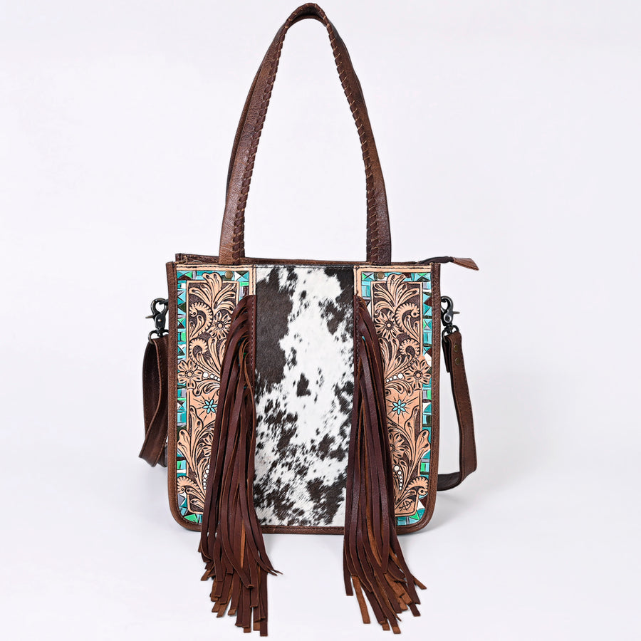 American Darling Western Tote Bag – Genuine Hair-on Cowhide and Leather, Hand-Tooled Floral Design with Long Fringes and Dual Carry Straps