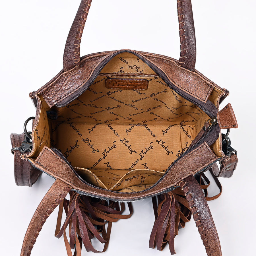 American Darling Western Tote Bag – Genuine Hair-on Cowhide and Leather, Hand-Tooled Floral Design with Long Fringes and Dual Carry Straps