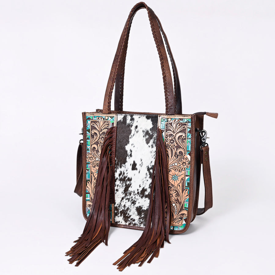 American Darling Hair-on Cowhide Tote Bag with Hand-Tooled Leather and Fringes - Uhorse