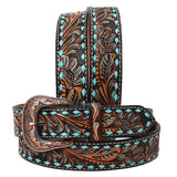 Hilason Western Floral Hand Tooled Carved Genuine Leather Belt Brown Turquoise