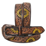 Hilason Western Floral Hand Painted Carved Genuine Leather Belt Brown / Yellow