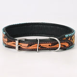 Hilason Western Hand Carved Floral Genuine Leather Dog Collar Brown / Black Inlay With Hand Tooled & Painted