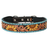 Hilason Western Hand Carved Floral Genuine Leather Dog Collar Brown / Black Inlay With Hand Tooled & Painted