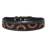 medium Hilason Western Hand Carved Sunflower Genuine Leather Dog Collar Black - Uhorse