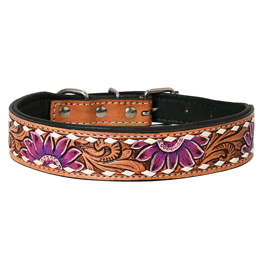Medium Hilason Western Hand Carved Floral Genuine Leather Dog Collar Brown With Tooled and Painted - Uhorse