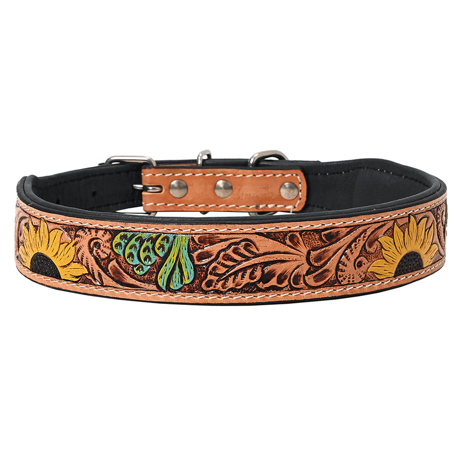 large Hilason Hand Painted Sunflower Genuine Leather Dog Collar Tan - Uhorse