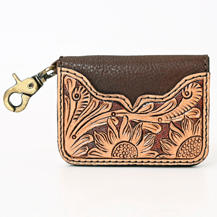 American Darling Hand Tooled Floral Carved Leather Key Ring Vegetable-Tanned Full Grain Genuine Leather with YKK Zipper